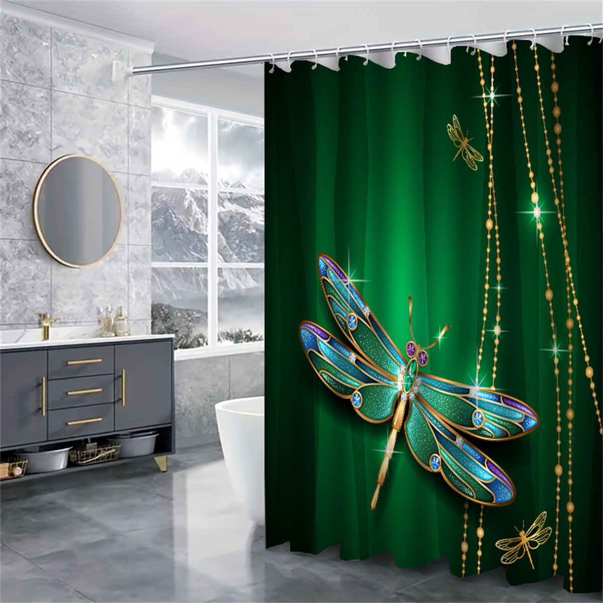 Bathroom Shower Curtain Sets Dark Green, Marble Gold Shower Curtain Sets  4Pcs with Toilet Lid Cover, Bath Mat and Rugs 