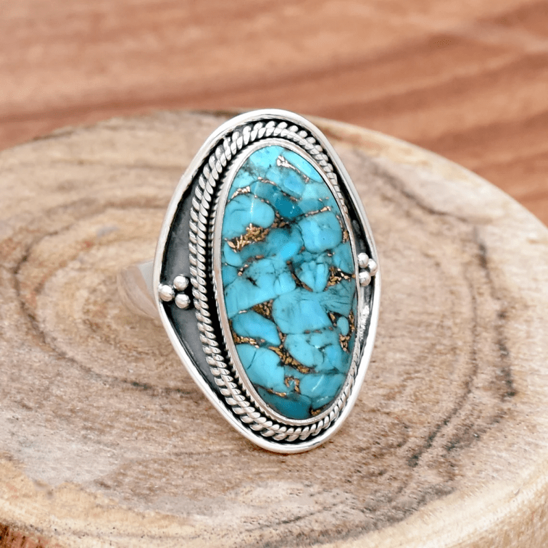 

Vintage Style Ring Silver Plated Inlaid Large Oval Turquoise Boho Jewelry For Female Evening Party Banquet Party Decor