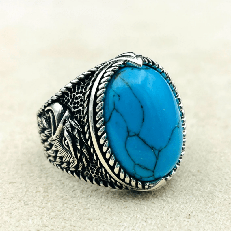 

1pc Classic Large Round Eagle Pattern Synthetic Turquoise Ring, For Men & Women, Jewelry