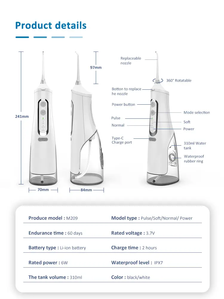 310ml portable usb rechargeable water flosser dental water  with ipx7 waterproof technology for travel effective teeth cleaning and oral hygiene details 9