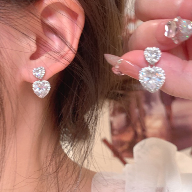 Sparkling Heart Stud Earrings Triple Heart with Glossy Stones