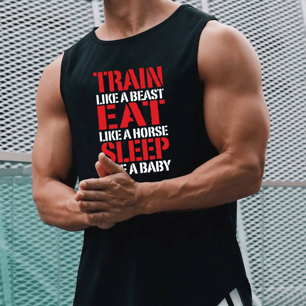 

Plus Size Men's Summer Loose Vest, Sleeveless T-shirts, Stylish "train Eat Sleep" Pattern Print For Casual Fitness Training