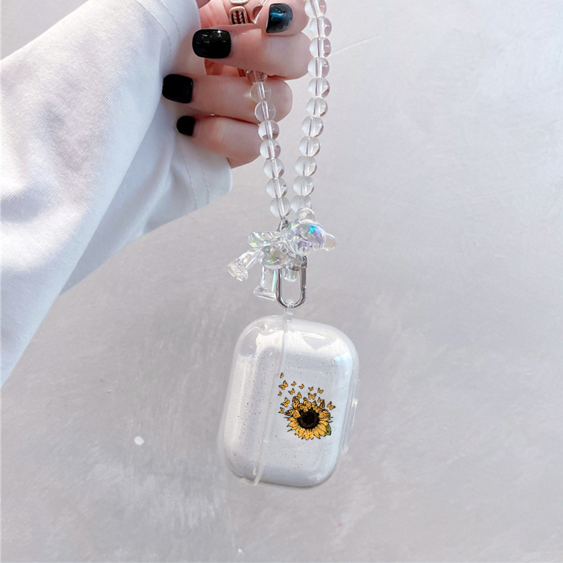 

Sunflower Graphic Earphone Case With Gradient Bear & Beads Ornaments, Silicone Case For Airpods1/2/3, Airpods Pro 1/2, Gift For Birthday, Girlfriend, Boyfriend, Friend Or Yourself