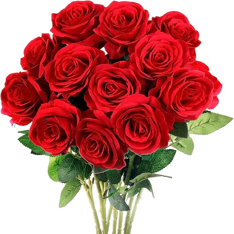 12 Pezzi Rose Rosse Artificiali In Seta, Rose Finte Steli Lunghi