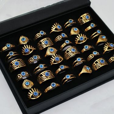 10pcs/Lot Vintage Stainless Steel Devil's Eye Rings for Men and Women Wholesale Mix Design Blue Eyes Geometric Fashion Jewelry