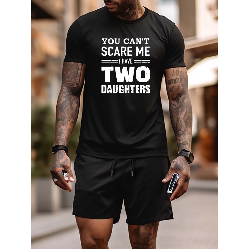 

Father's Day Set, Plus Size Men's "i Have 2 Daughters" Graphic Print T Shirt Shorts Set, Summer Oversized 2pcs Outfits For Big & Tall Males