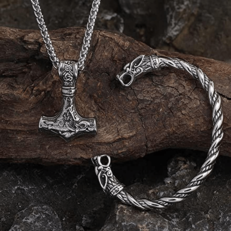 retro punk cool viking pendant necklace twist bangle men casual leisure fashion jewelry set details 0