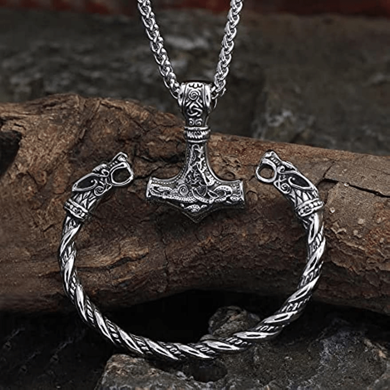 retro punk cool viking pendant necklace twist bangle men casual leisure fashion jewelry set details 3