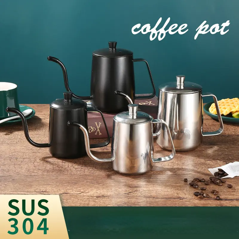 1pc 304 stainless steel fine mouthed hand flushing pot 600ml with lid thickened mini long mouthed fine mouthed drip coffee pot details 0