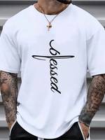 Stylistic T Shirt For Men, Plus Size Men Cross Shaped "Blessed" Letter Graphic Print T Shirt, Summer Trendy Short-sleeve Tees Tops For Big & Tall Guys