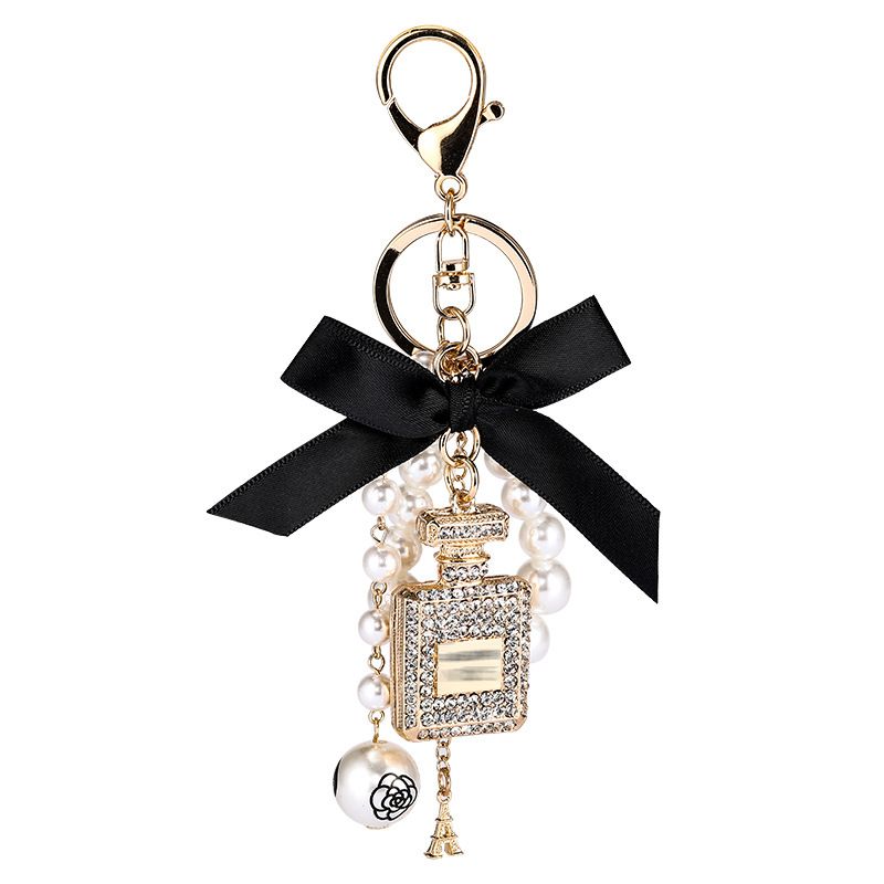 SKAIJEWEL Perfume Bottle Rhinestone Keychain Bow-Knot Pearl Cute Handbag  Key Chain Personalized Key ring Golden for Women Girls Car Creative Gift
