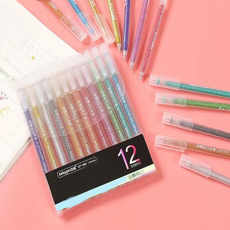 

12 Colors Glitter Gel Pen Colored Gel Pen Shiny Metal Quicksand Pen Fluorescent Note Number Pen Premium Office School Home Writing Pen 12pcs Set Gift