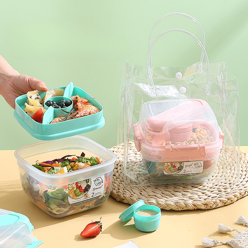 1pc Microwaveable Plastic Double-layer Lunch Box With Utensils, Leak-proof  Salad & Fruit Food Container For Students Adults