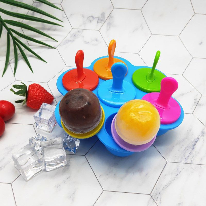 1pc 7-Cavity Silicone Ice Cream Pops Mold - Food-Grade Non-Toxic Baby-Safe DIY Fruit Shake Maker with Easy-Pull Handles & Drip Tray, Vibrant Colors for Homemade Popsicles, Ice Cream, Smoothies - Summer Kitchen Accessories, Ice Cream Accessories
