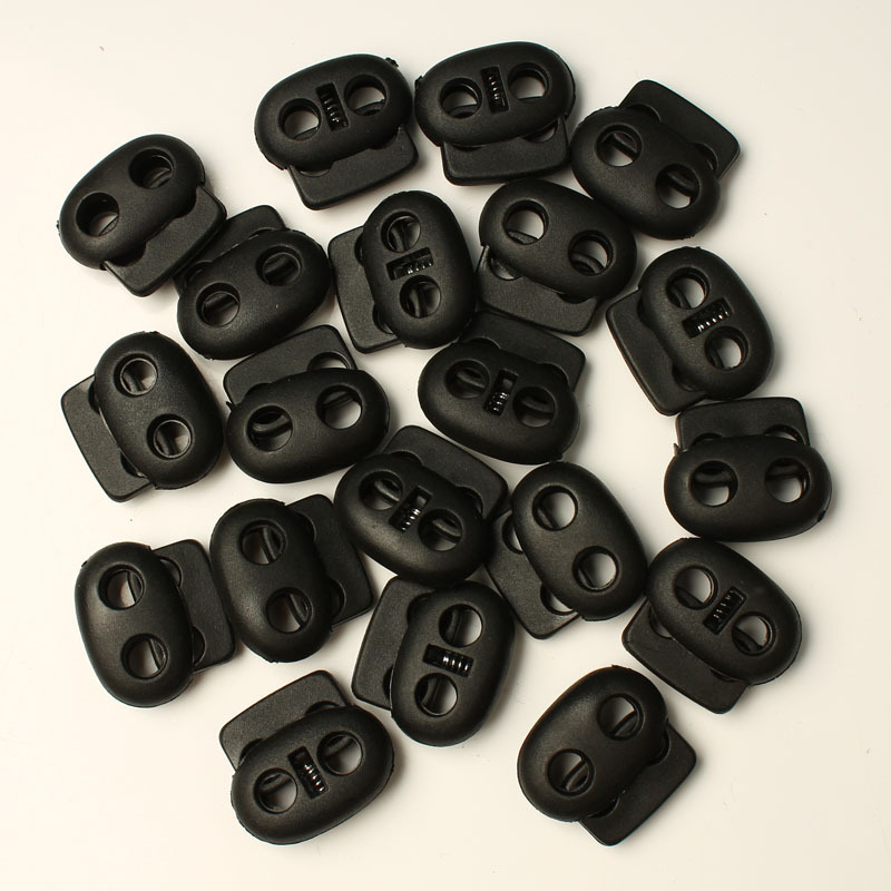 20pcs Spring Cord Locks Plastic End Clip Stoppers Fastener Double Holes  Rope Toggle Slider, Black