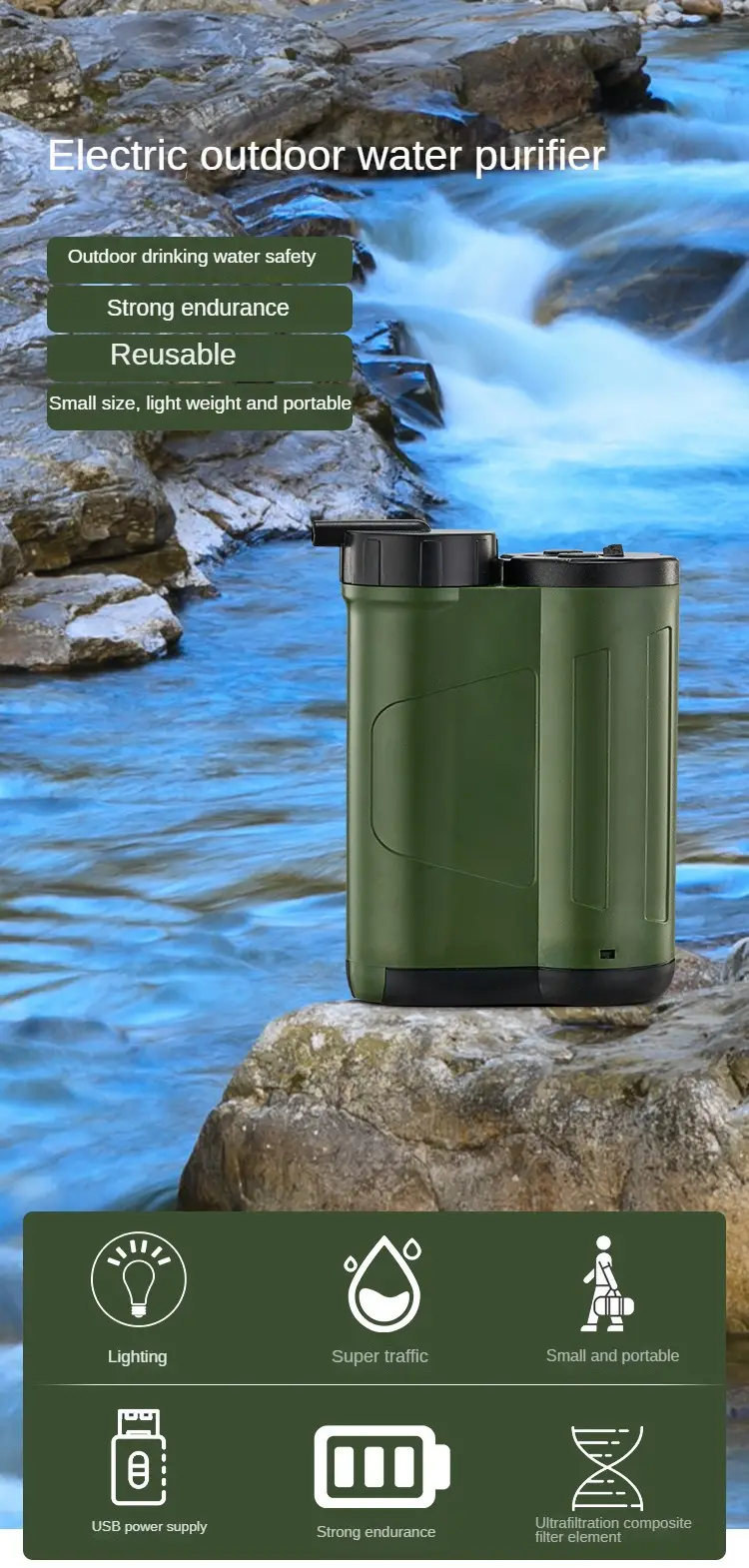 electric water filter usb rechargeable automatic pump water purifier with flashlight for outdoor camping hiking travel details 0