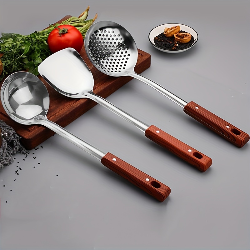 6Pcs/Set Wood Handle 304 Stainless Steel Cooking Tool Sets Turner Rice  Spoon Pasta Server Kitchenware Utensil Accessory Cookware