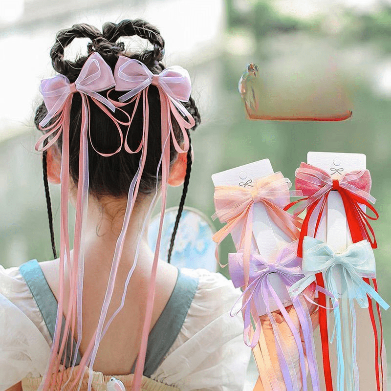 Cute Bowknot Hair Pins Long Ribbons Chinese Style Girl Hair Clip Hanfu  Headdress