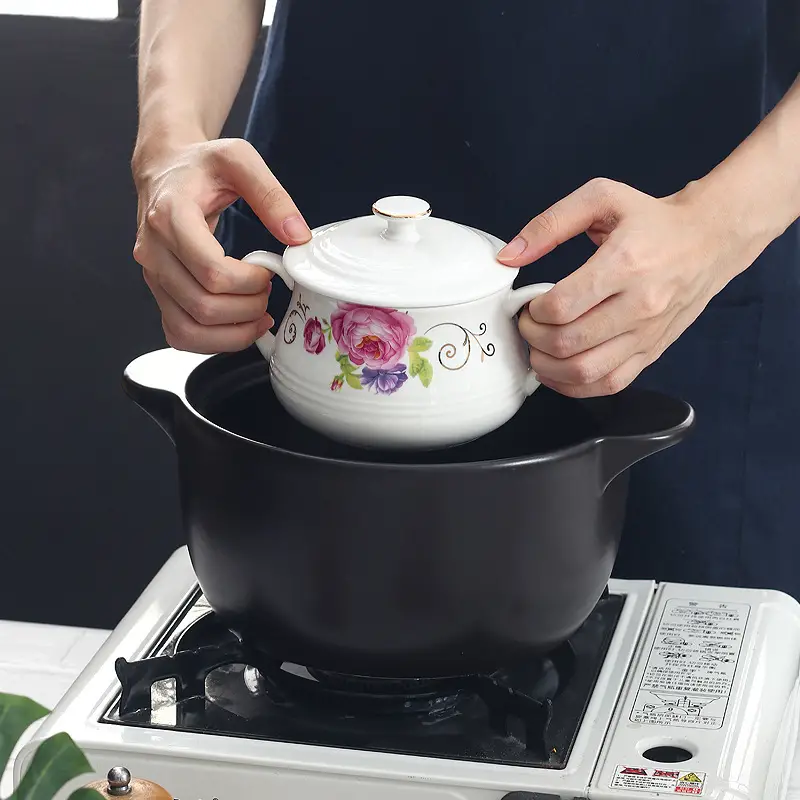Ceramic Stew Pot With Lid, Double Lid Water-proof Stew Household