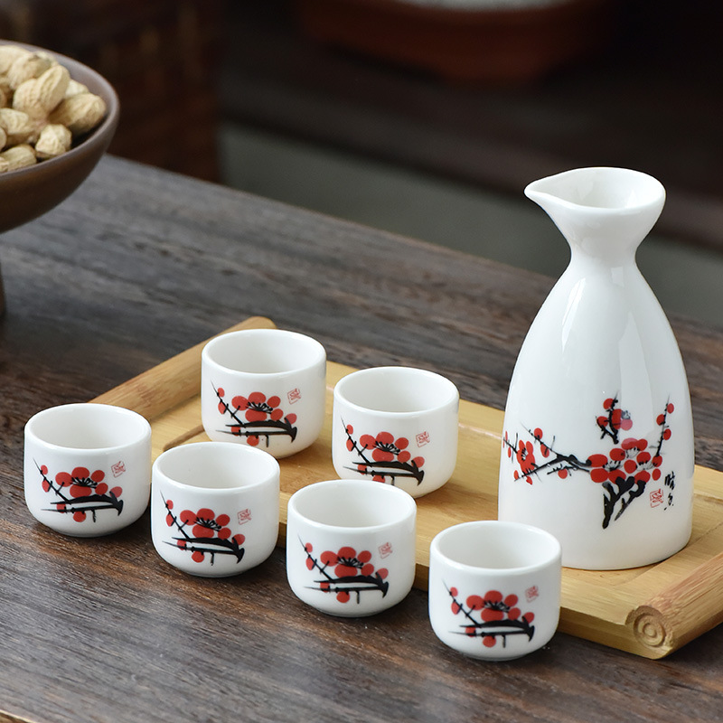 Set à saké japonais pour 4 personnes, avec un motif fait main de fleurs de  cerisier