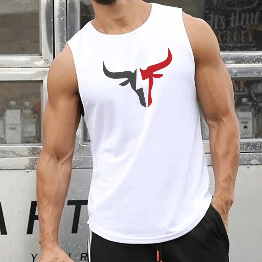 Bull Head Print A-Shirt Tanks, Men’s Singlet,   Sleeveless Tank Top, Lightweight Active Undershirts, For Workout At The Gym, Bodybuilding, And  As Gifts