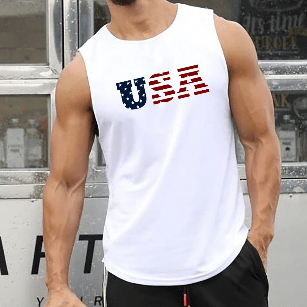 

'usa' Print A-shirt Tanks, Men’s Singlet, Sleeveless Tank Top, Lightweight Active Undershirts, For Workout At The Gym, Bodybuilding, And As Gifts