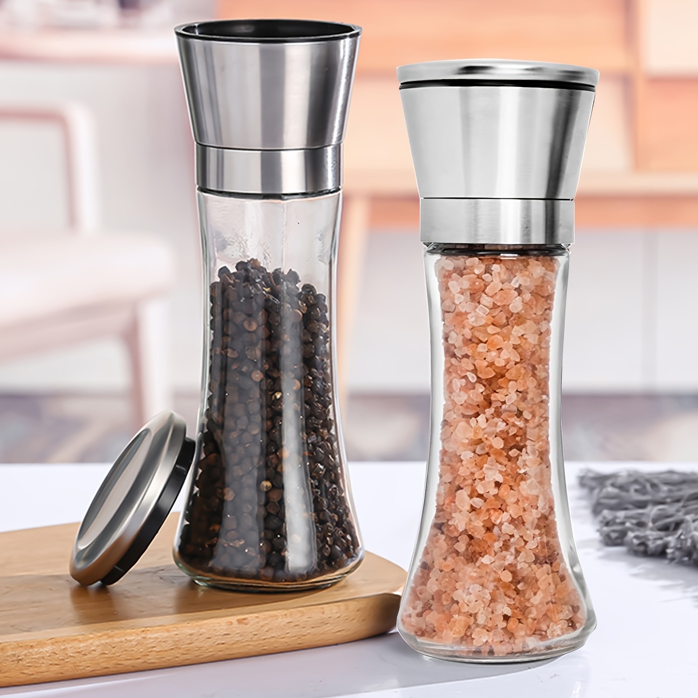 Premium Stainless Steel Salt and Pepper Grinder Set - Short Glass Shaker,  Pepper Mill & Salt Mill with Adjustable Coarseness, Refillable for  Himalayan