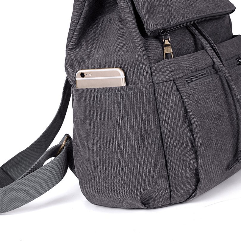 Vintage Canvas Pocket Flap Backpack Lightweight Drawstring Schoolbag