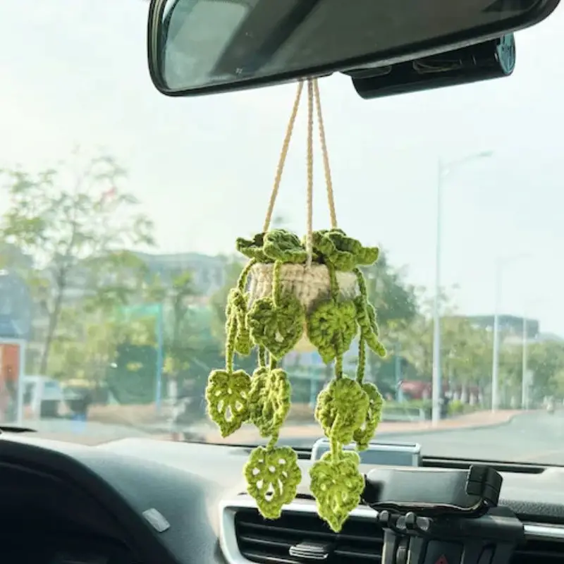 Cute Crochet Plant Car Mirror Hanging Accessories, Boho Handmade Rear View  Mirror Accessories For Women, Green Car Interior Aesthetic Hanger Ornament