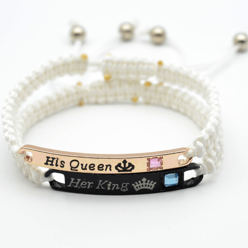 Pulseras Her King His Queen para parejas - color negro y oro/rosa