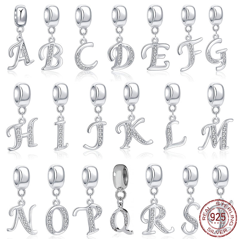 1pc 925 Sterling Silver Letter Beaded Capital Letter A-Z Pendant Letter Crystal Pendant Alphabet Pendants Suitable for European Classic Bracelets
