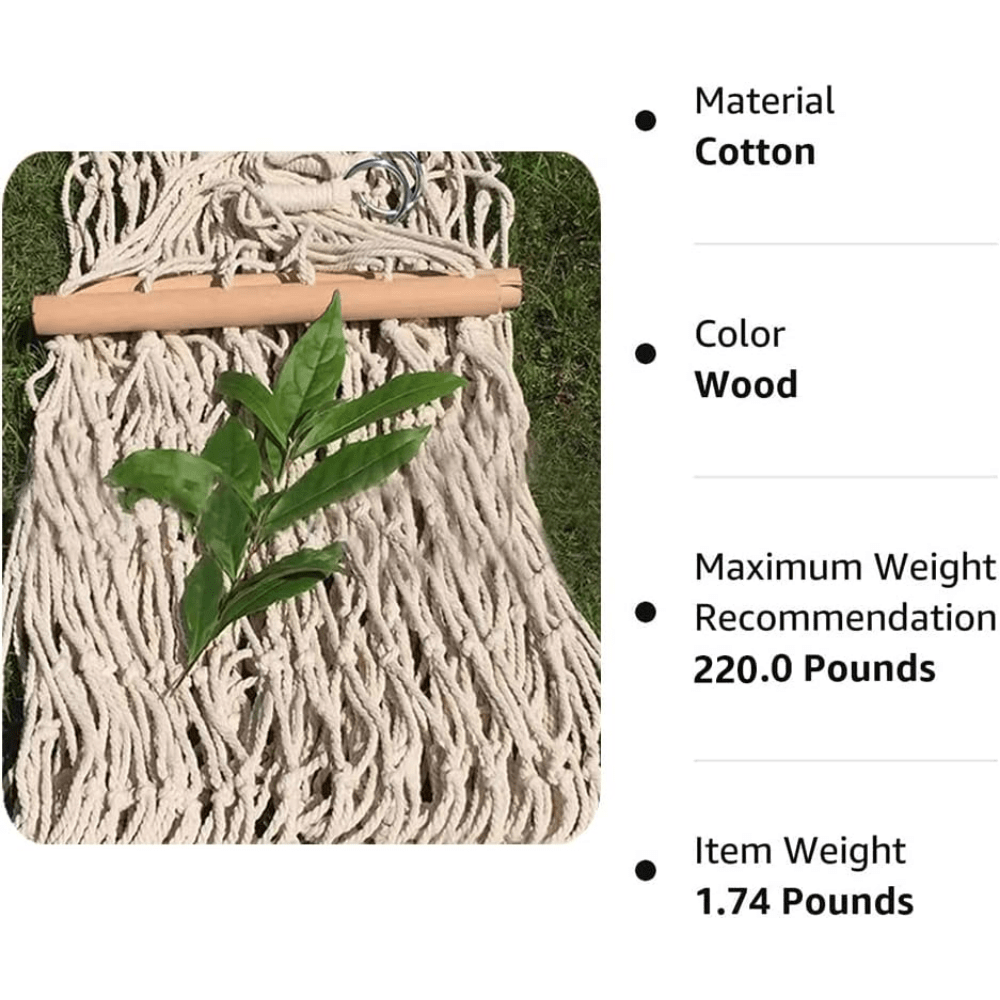 Cotton Rope Hammock with Hand Woven & Wooden Spreader