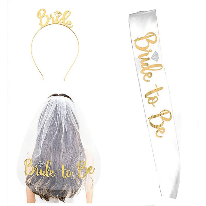 Bride to Be Set, 3pack Bride to Be Sash & Headband Tiara & Shoulder Length  Veil Bachelorette Party Supplies Bridal Shower Decoration Accessories