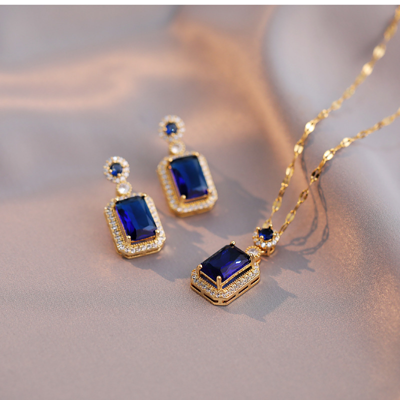 retro blue zircon geometry pendant necklace earrings banquet wedding anniversary womens jewelry gift 0