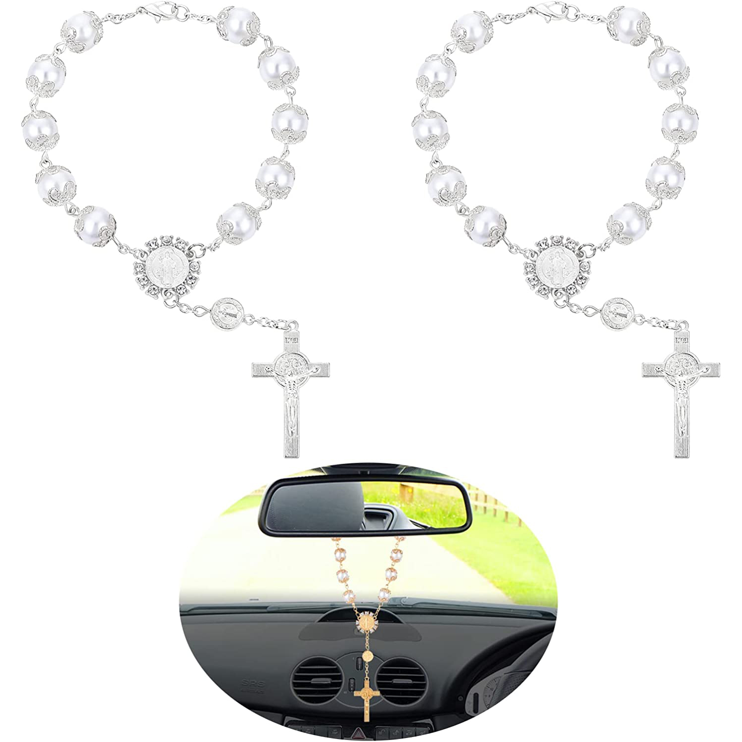 1pc voiture rétroviseur pendentif décoration-croix auto chapelet