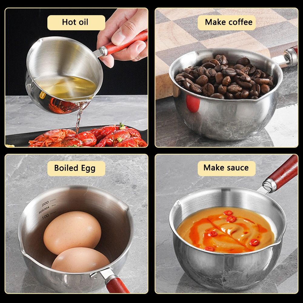 Milk Pan With Dual Pour Spout Stainless Steel Sauce Pot Wood Handle Butter  Warmer Pot Small Soup Pot Frothing Pitcher Measuring Cups For Kitchen  Cooking - Temu Mexico