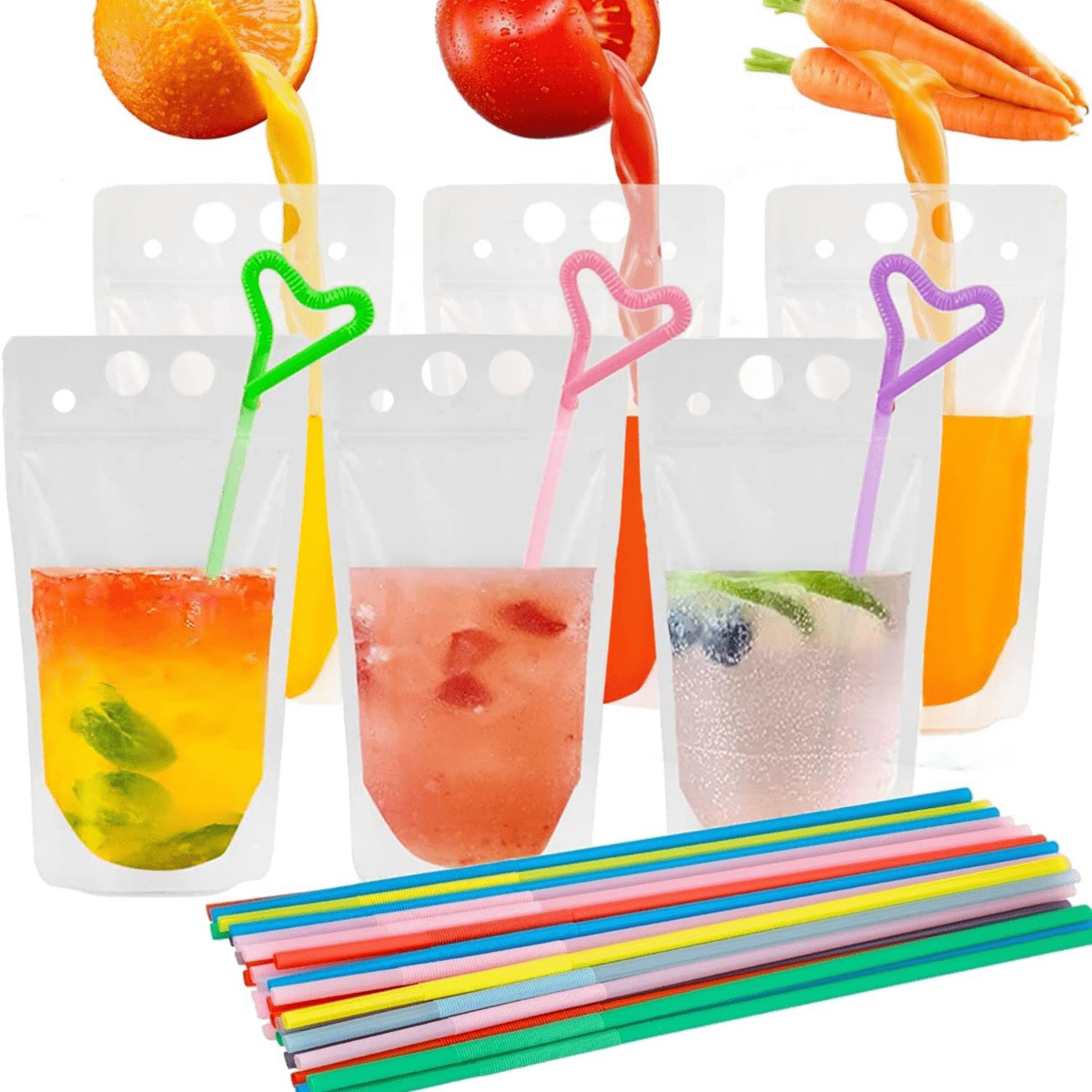 200 PC 16OZ DRINK POUCHES WITH STRAW & FUNNEL SET REUSABLE JUICE BAGS  HEAT-PROOF