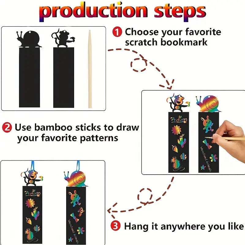 1 Set 12pcs Kids Scratch Art Bookmarks In Magical Rainbow Making