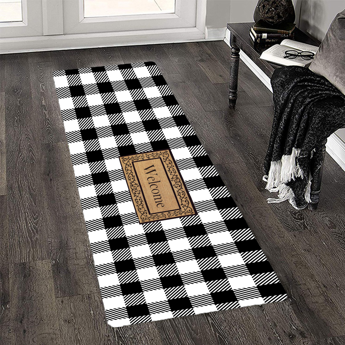 Kitchen Floor Mat Black White Gray Checkered Printed Rug - Temu