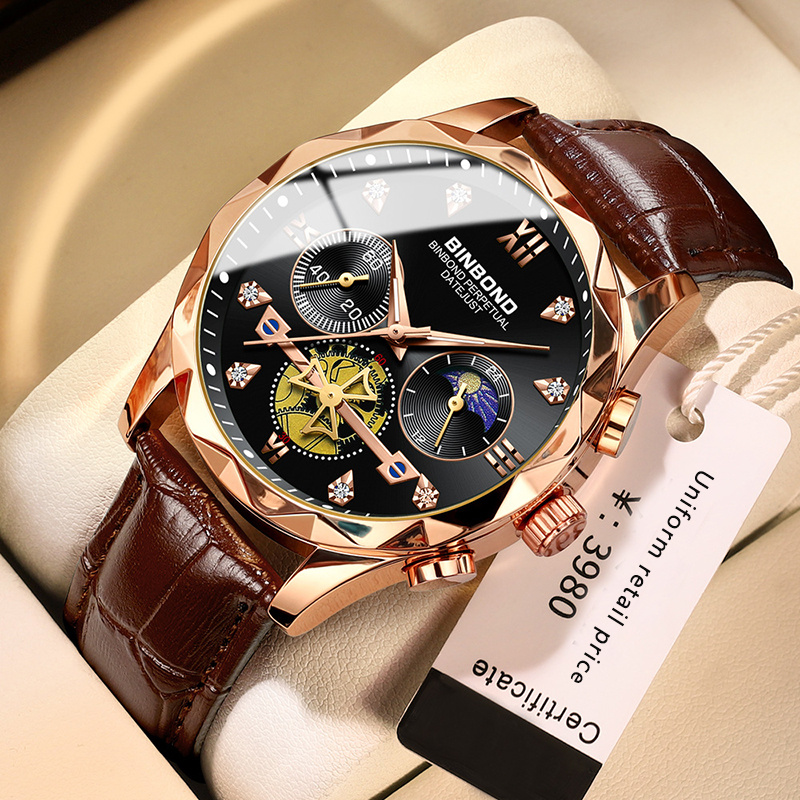 Watches For Men Brown Leather Gold Case Analog Quartz Fashion Business  Dress Watch Day Date Luminous Waterproof Casual Male Wrist Watches - Temu