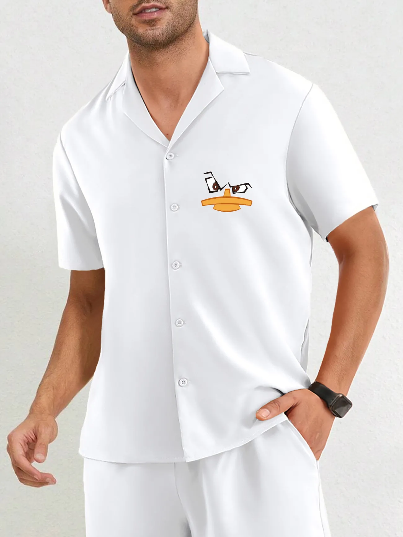 Cartoon Face & Duck Pattern Short-sleeved Shirt, Men's Casual Button Up  Lapel Shirt For Summer - Temu
