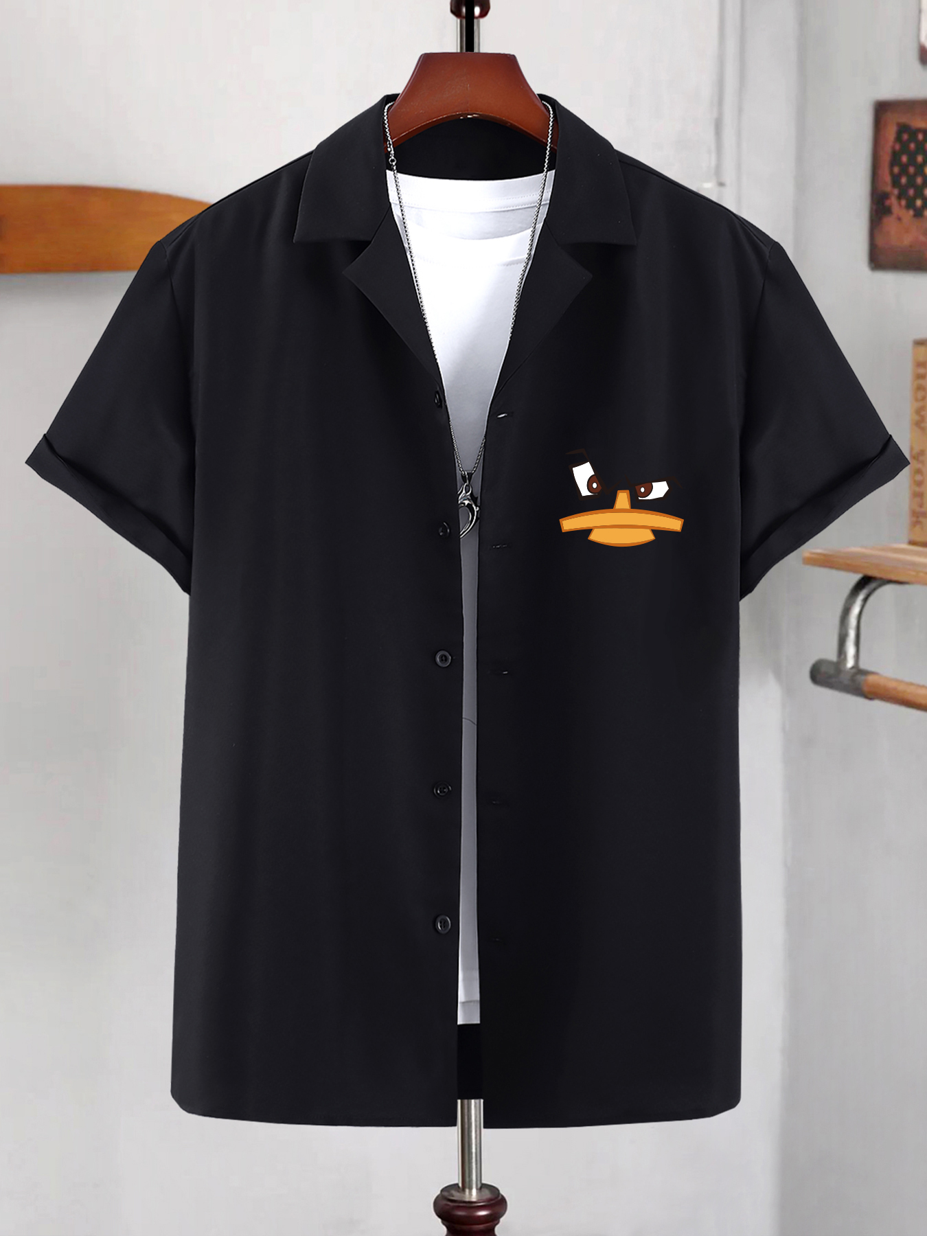 Cartoon Face & Duck Pattern Short-sleeved Shirt, Men's Casual Button Up  Lapel Shirt For Summer - Temu
