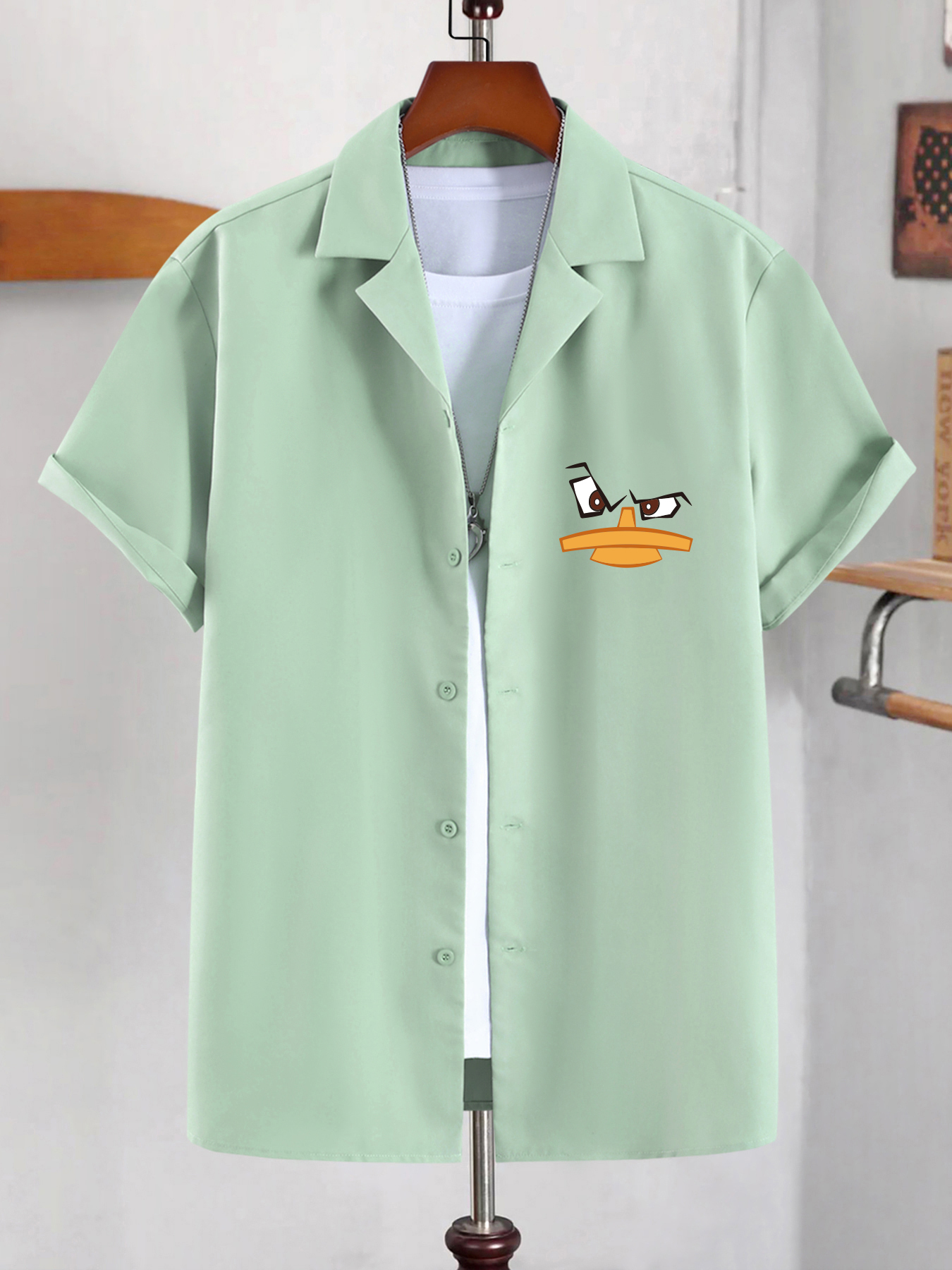 Cartoon Face & Duck Pattern Short-sleeved Shirt, Men's Casual Button Up  Lapel Shirt For Summer - Temu