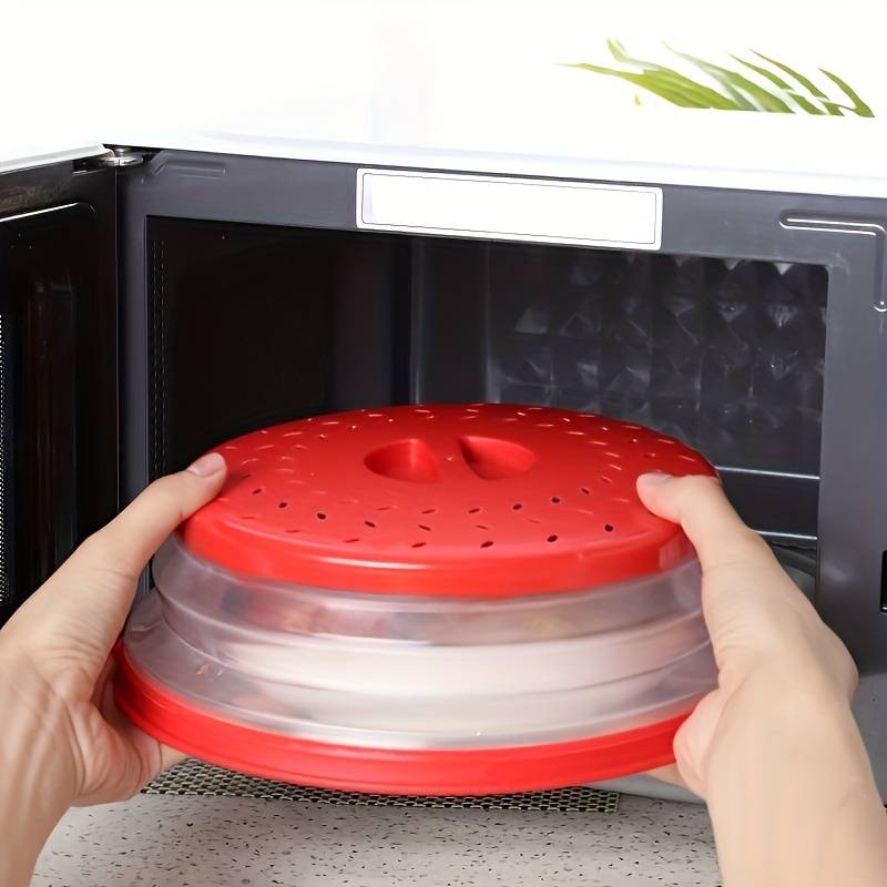 1PC Collapsible Microwave Cover Splatter Proof Food Plate, 10.5 Inch Round  With Grip Handle, Kitchen Gadgets Dishwasher Safe