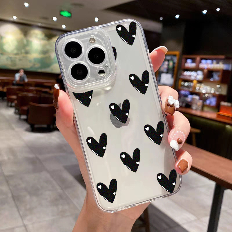 Aesthetic Black Heart Phone Case With Wrist Strap for iPhone 15 Pro Max 14  Pro 13 12 11 Cute iPhone 14 13 12 11 X XR XS Max X 7 8 Plus Case 