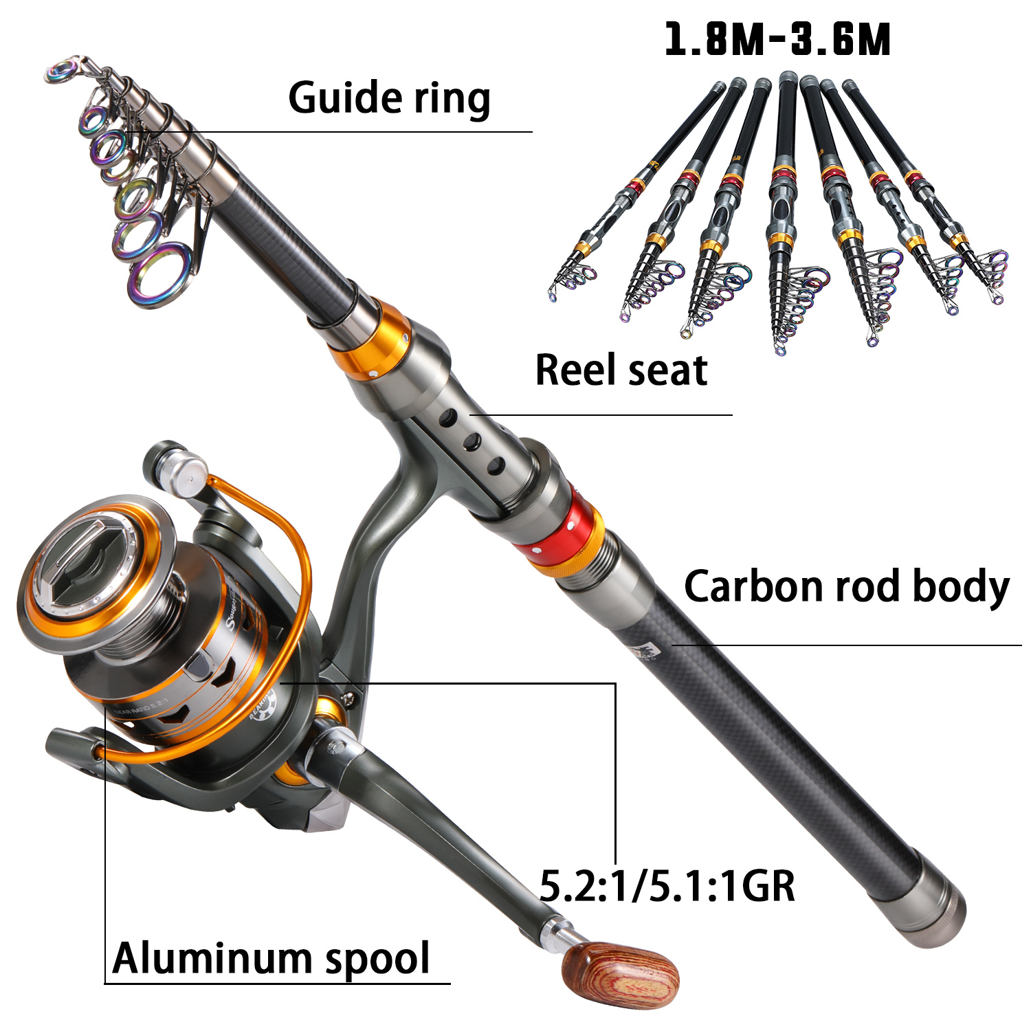 Portable Spinning Fishing Rod and Reel Combo 1.8M Telescopic Rod