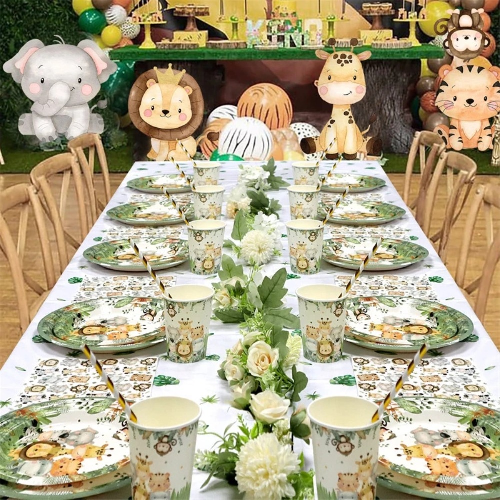 Vaisselle jetable animaux Safari Jungle, décor de fête d'anniversaire,  Lion, assiette en papier, tasse, serviette en papier, vaisselle