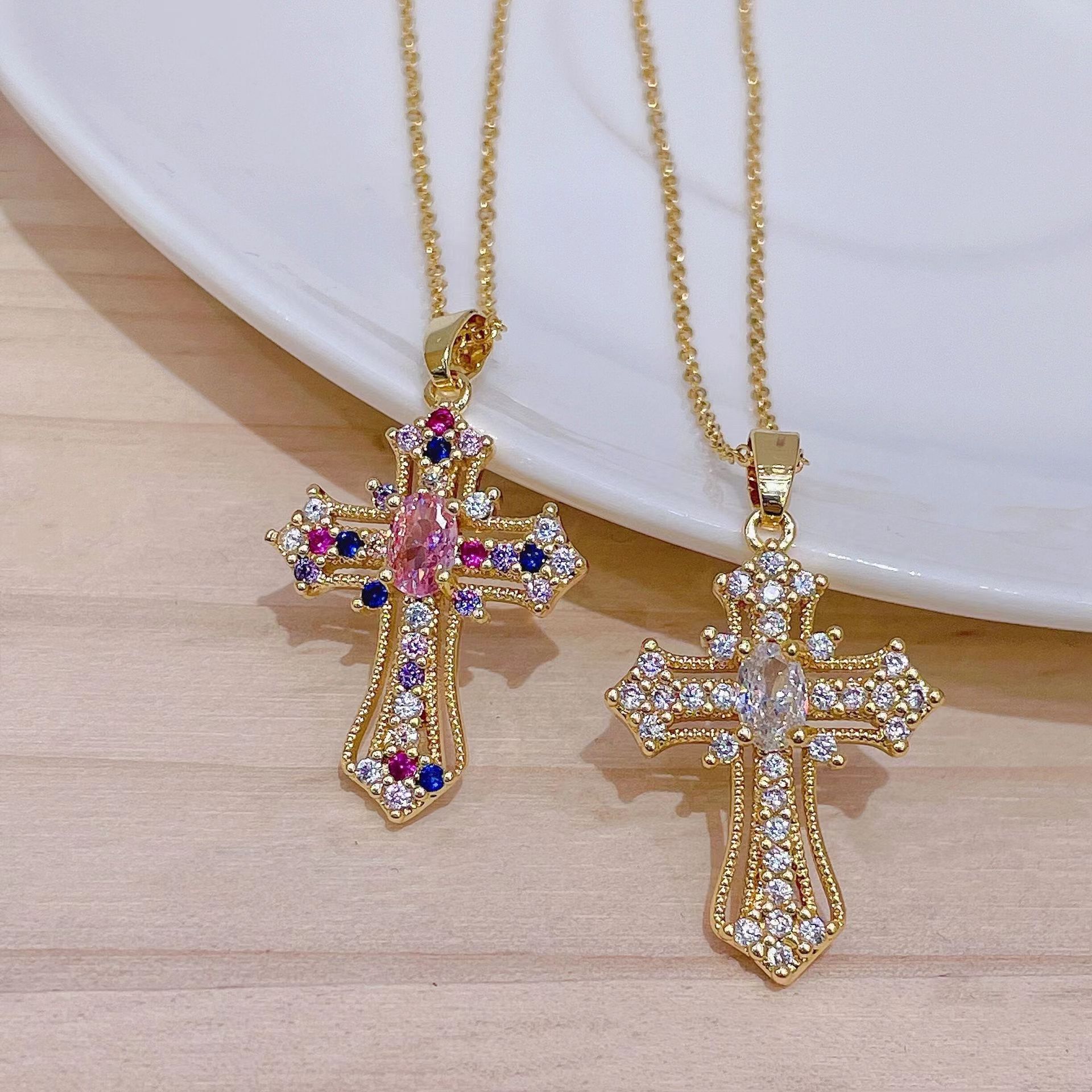 cubic zirconia decor retro punk cross necklace funky pendant