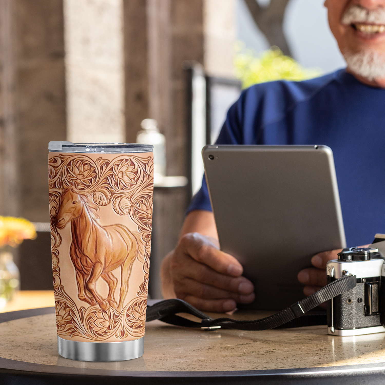 

1pc Imitation Wood Carved Horse 20oz Vacuum Travel Mug With Lid Stainless Steel Coffee Mug Hot And Cold Tumbler Mug