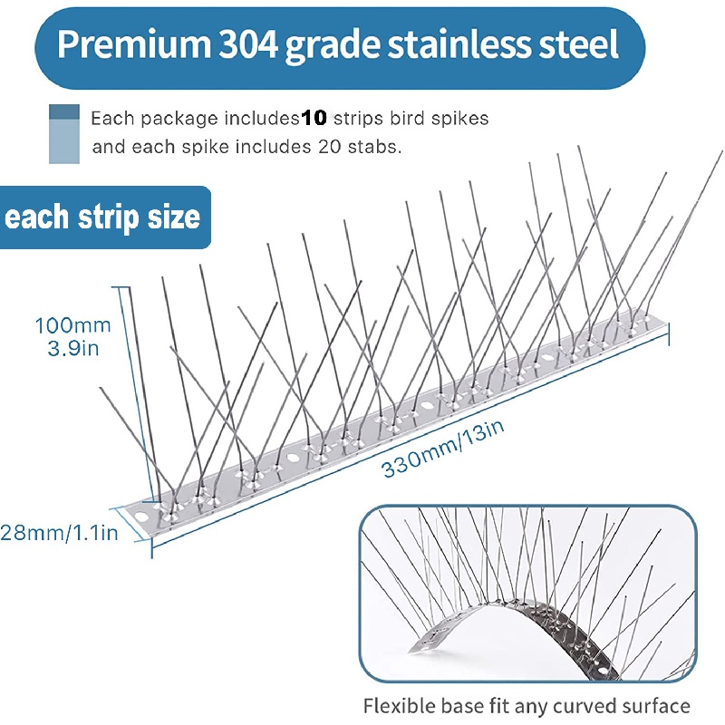 Flexible Stainless Bird Spikes with Plastic Base, Pigeon Fence (5 Feet  Coverage 3 Strips)